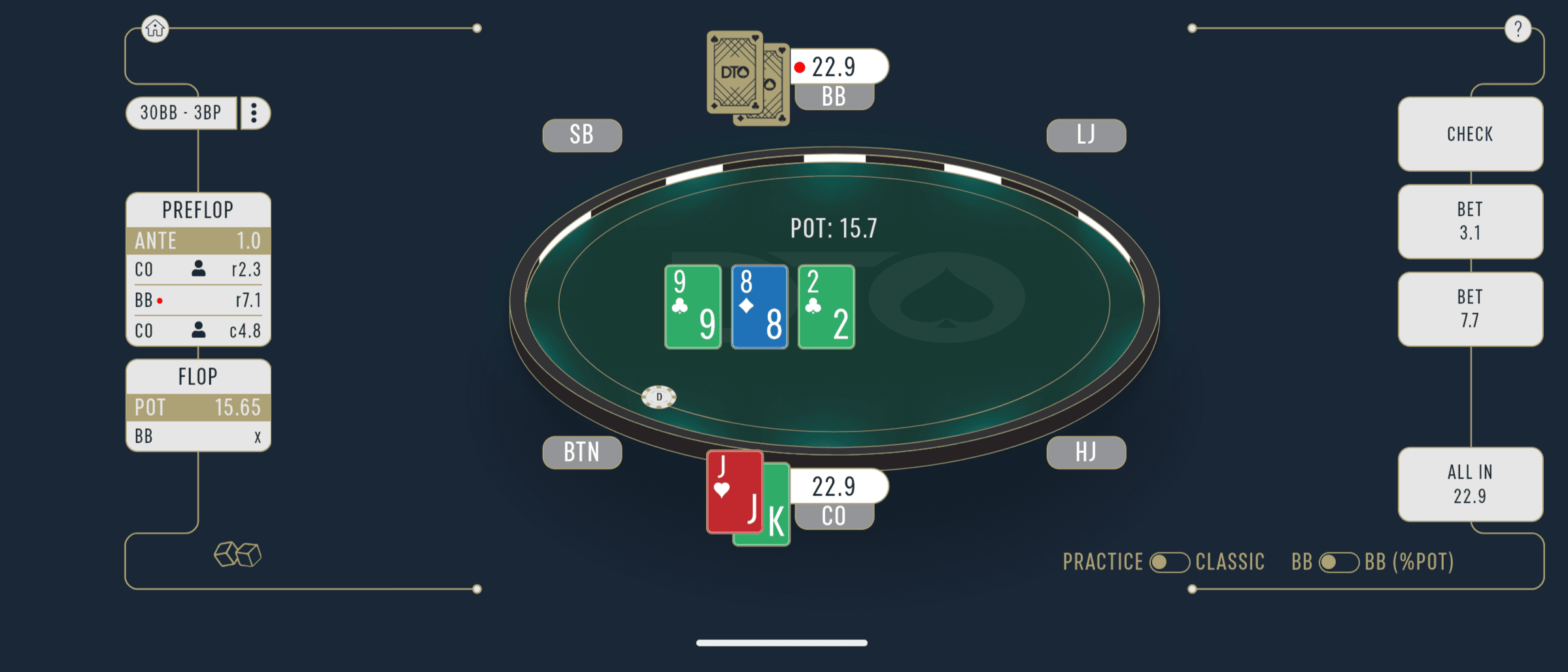 DTO Poker practice mode: a flop in a 30bb three-bet pot, hero in the cutoff with KJ on a 9-8-2 board, choosing between check, two bet sizes and all in, with the full preflop action tree listed down the left.
