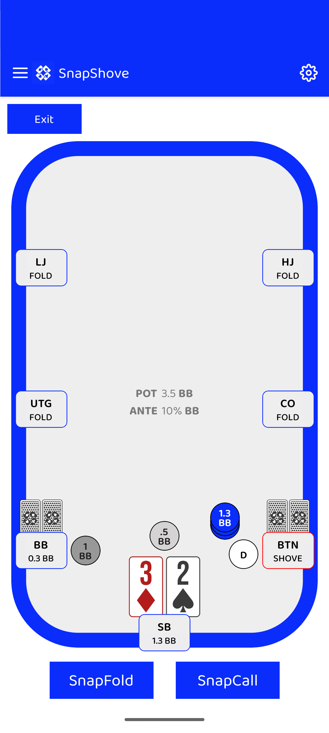 SnapShove training simulation: a 6-max table where the button has shoved and hero, in the small blind with 1.3bb and 3d2s, chooses between SnapFold and SnapCall.